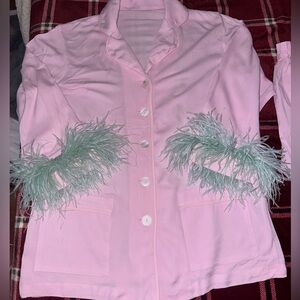 Sleeper Party Pajama Set with detachable mint green ostrich feathers.